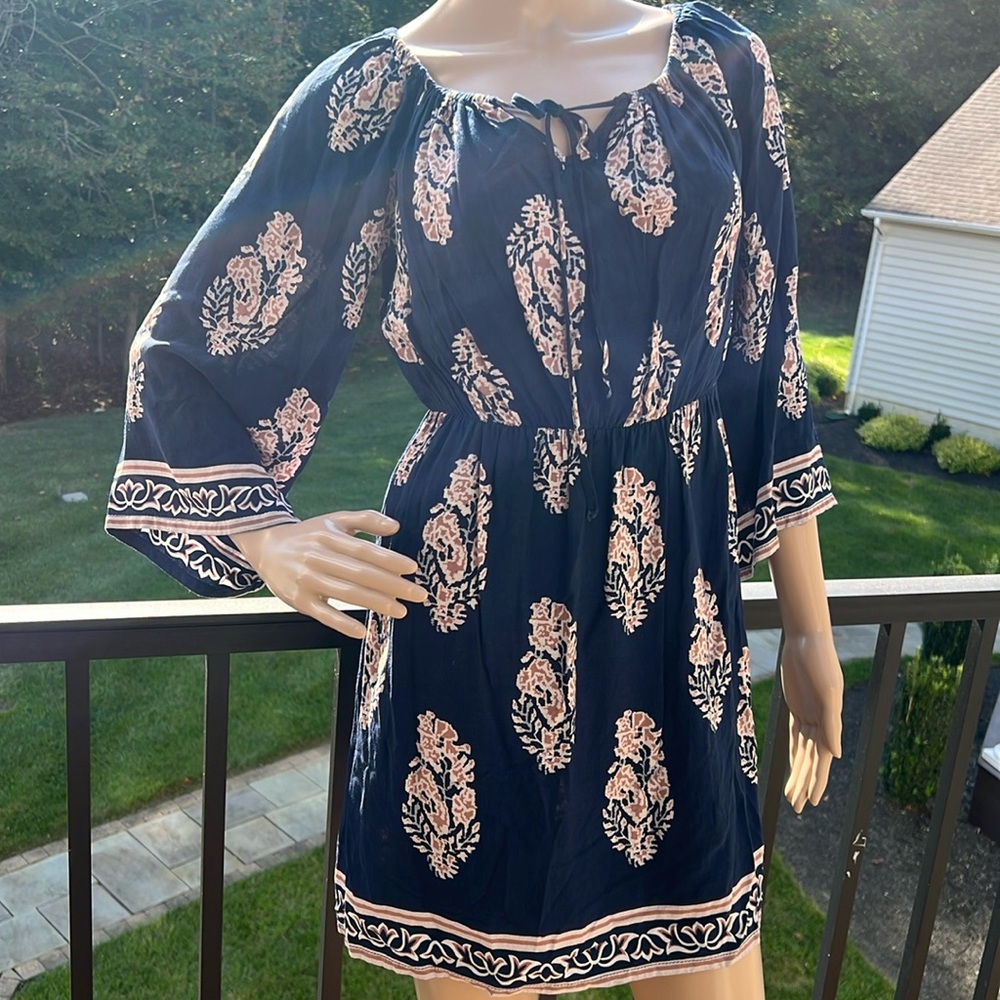 Boho cute navy/tan off shoulder tie front mini dress SZ M